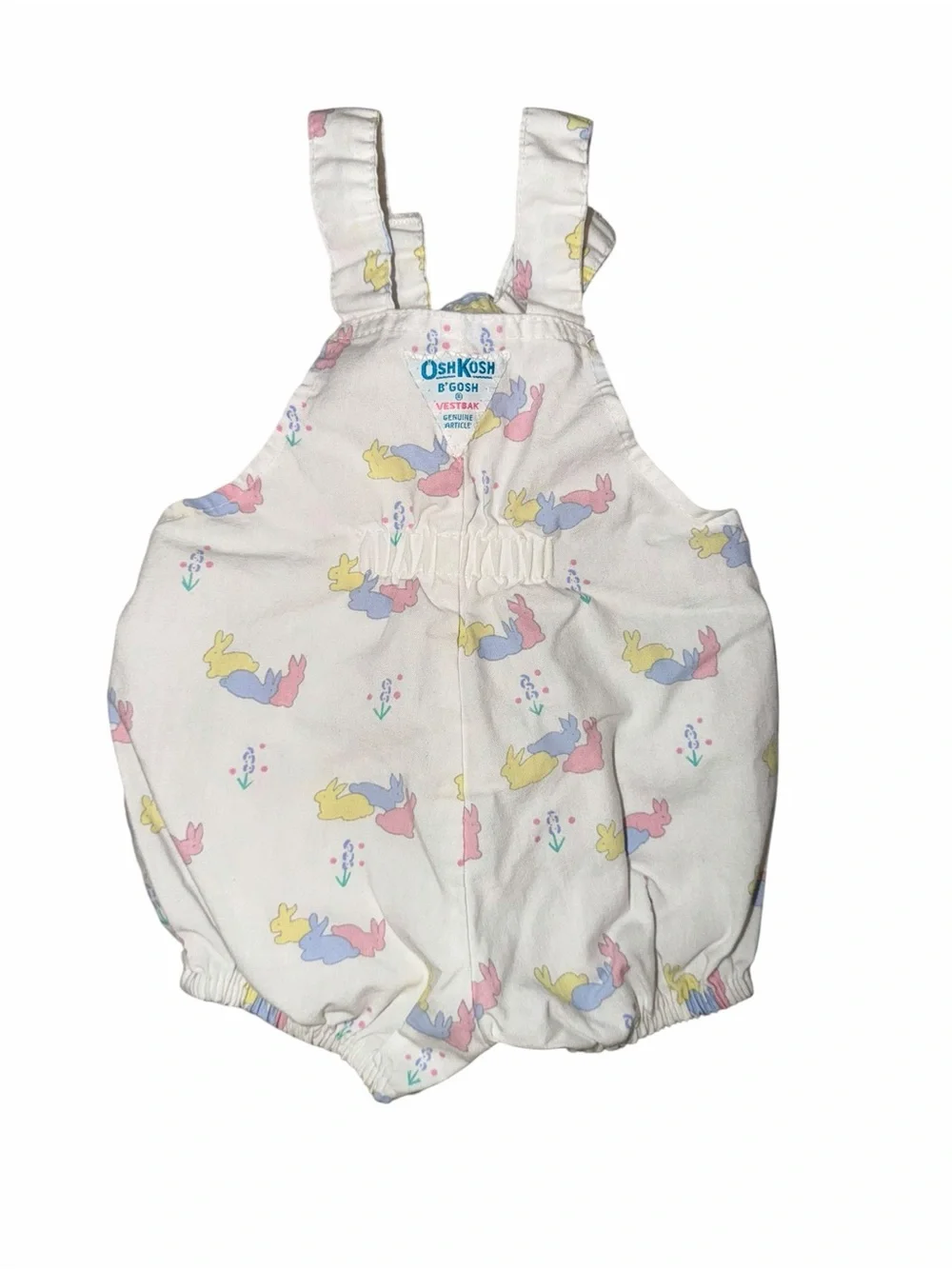 Vintage Rare OshKosh B’Gosh White Bunny Print Baby Shortalls Romper, Size 12m